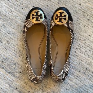 Tory Burch Minnie Cap-Toe Ballet Black and Snake Skin